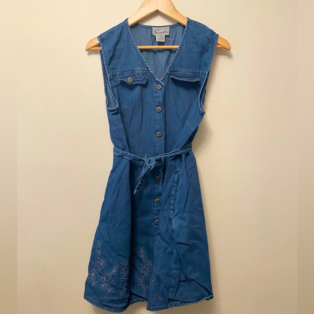 Vintage Jean Sleeveless Jean Dress w/Embroidery Sz L/XL 100%Cotton Made in India